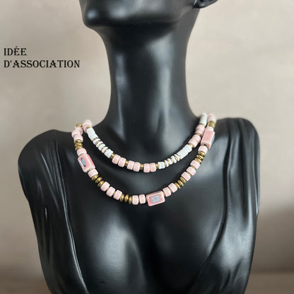 Collier Azalié en fine perles céramique émaillées (rose, bleu ou vert)